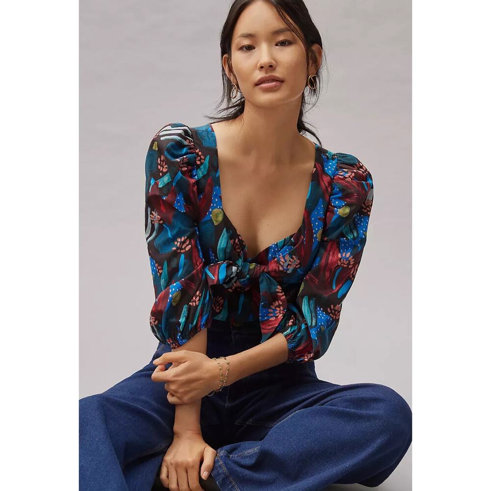 Eva Franco Tropical Sweetheart Tie‎ Front Puff Sleeve Blouse 4 Midnight Jungle